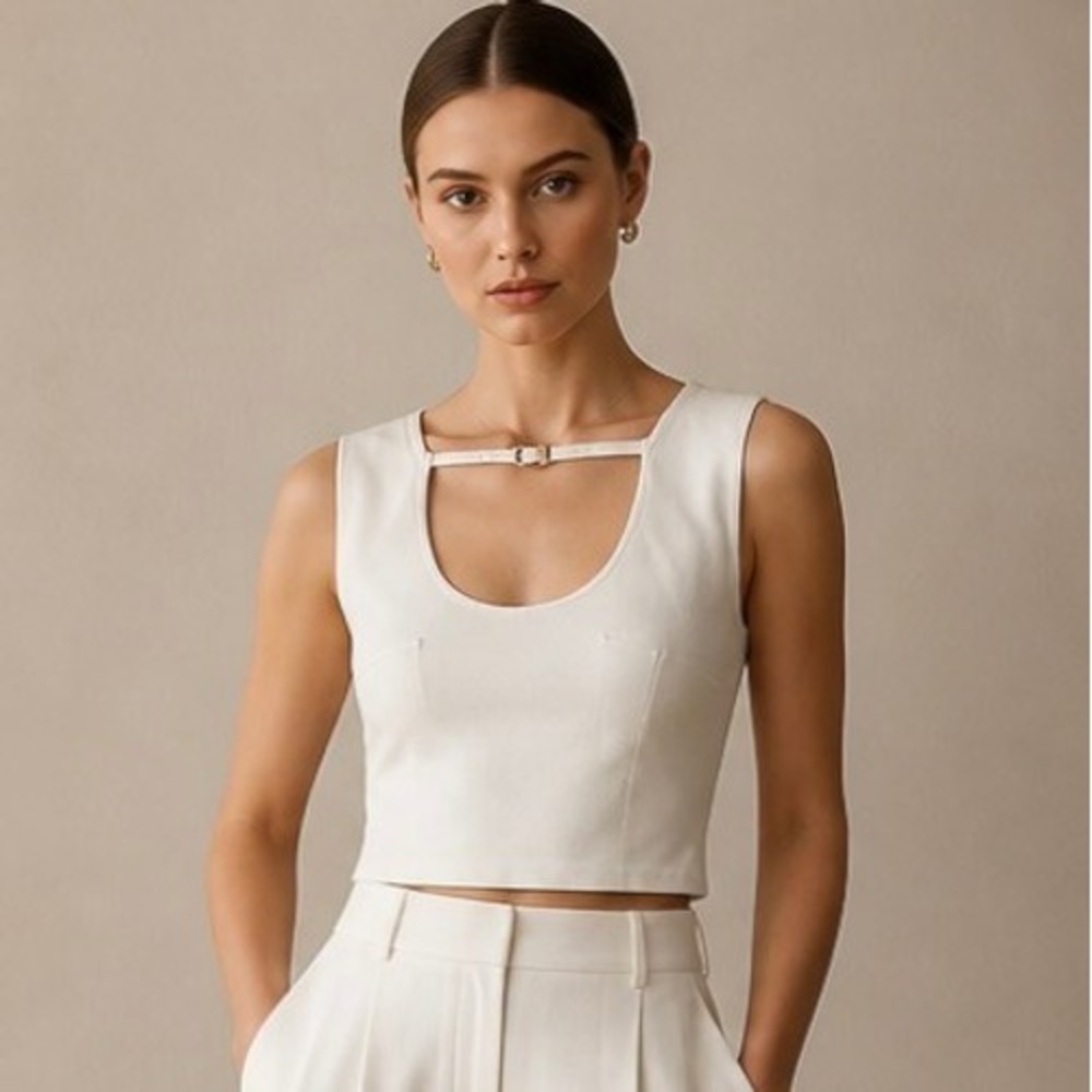 OW Collection MALENE Tank Top Women M White Ribbed Buckle Cutout Sleeveless Crop